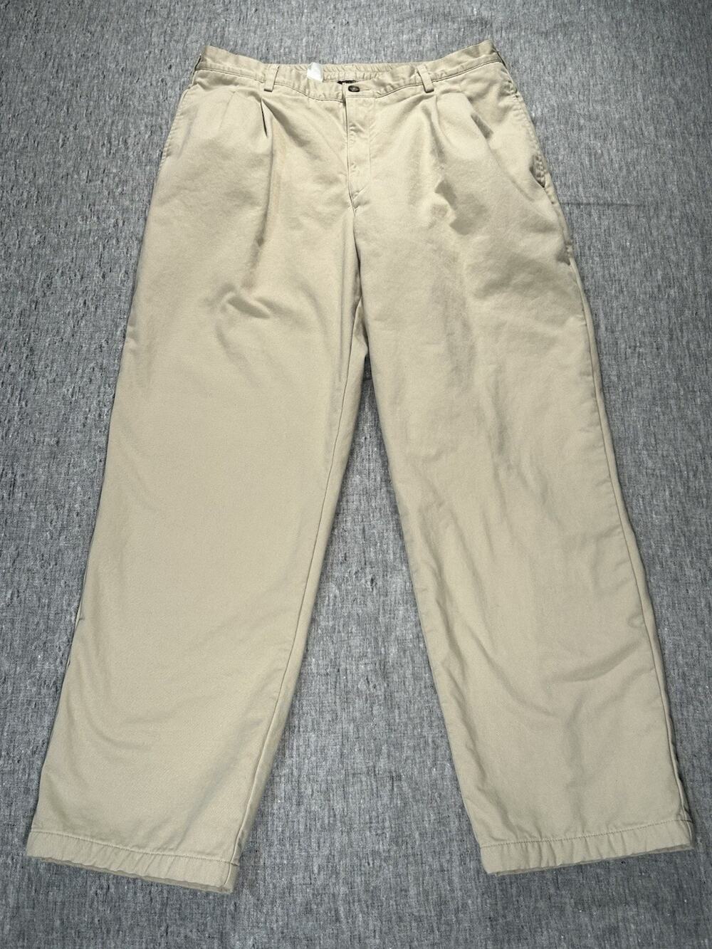 LL Bean Flannel Lined Pants Mens 40x34 Beige Pleated Double L Comfort Waist